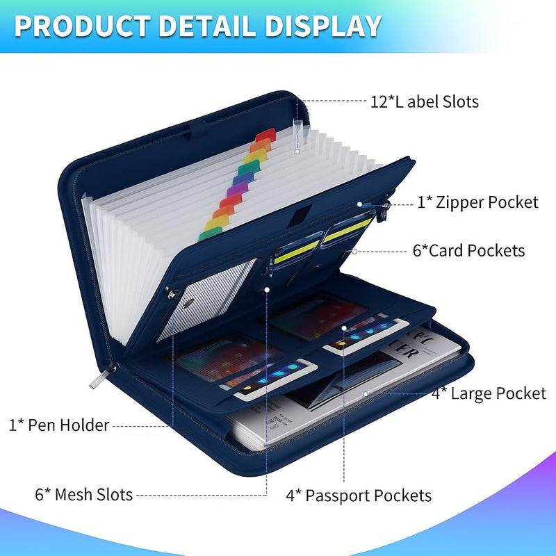 BroadFDO Fireproof & Waterproof Accordion File Organizer – Fireproof File Folder with Handle, 13-Pocket Expanding Paperwork Organizer for A4/Letter Documents, Travel File Storage (Blue) - Image 2